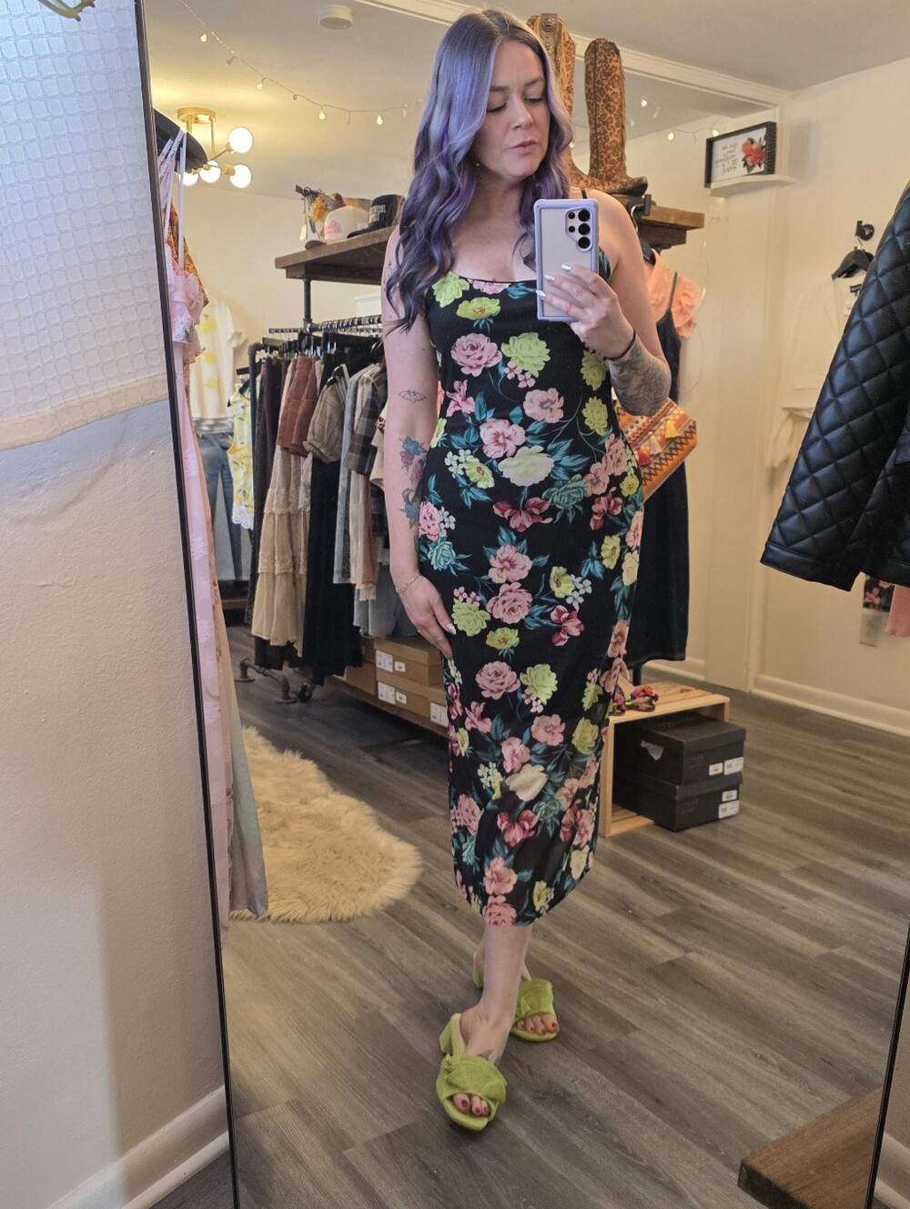 Steve Madden Giselly Floral Slip Midi Dress in Black with Pink & Green Roses XL